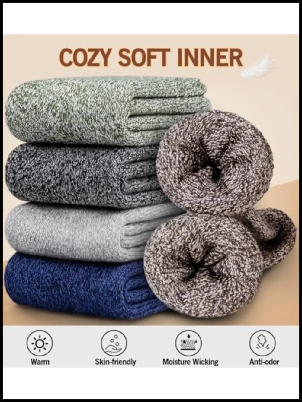 5 Pairs Men's Merino Wool Blend Crew Socks Winter Warm Hiking Socks